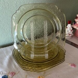 Four 9” Plates Madrid scrollwork pattern by Federal Glass Company